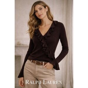 Ralph Lauren Brown Sweater XL Silk Cashmere Ruffle V-Neck Faux Wrap Surplice